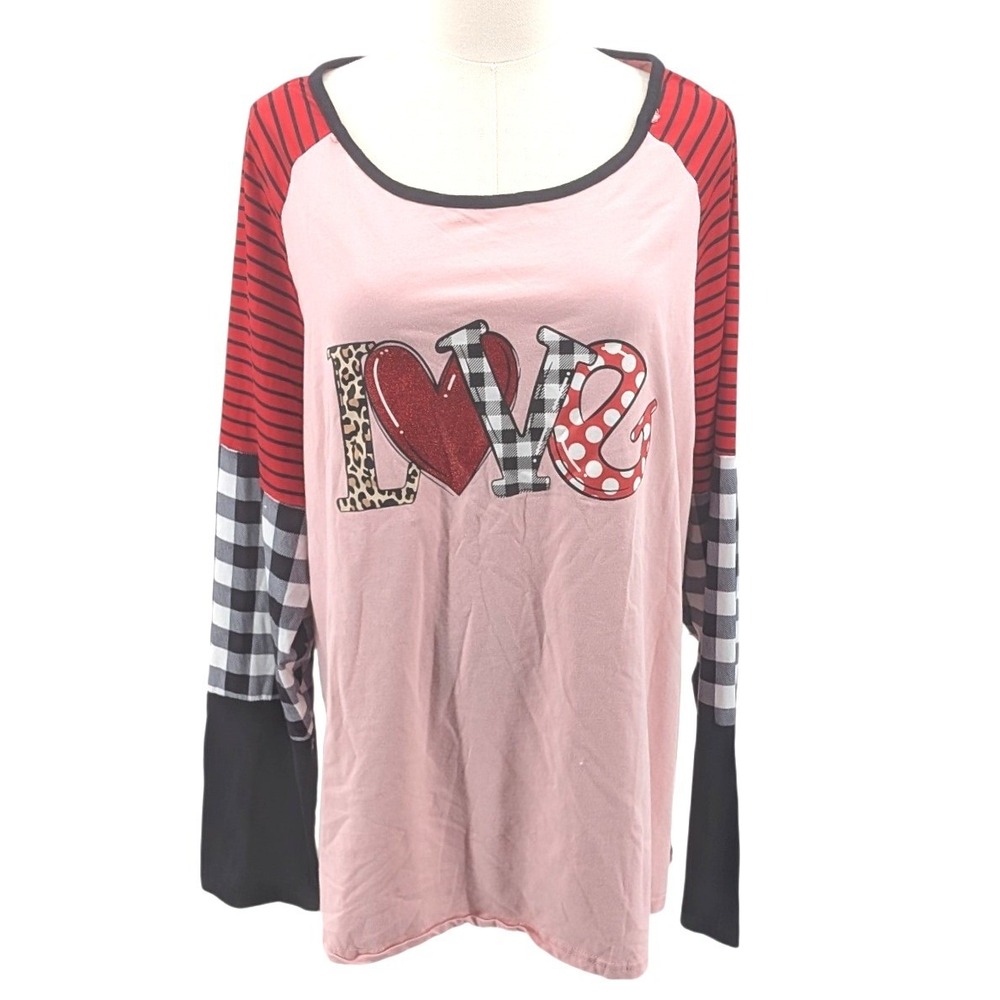 Love Graphic Raglan Tee Pink Colorblock Plaid‎ Striped Sleeve Plus Size 3XL